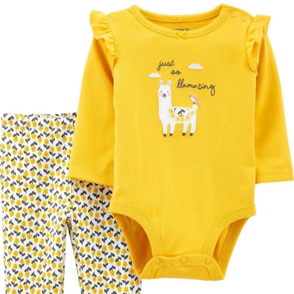 Carter's NWT Baby Girl 3 Month Two Piece Set Yellow Llama Sunflower White Outfit - Picture 1 of 2